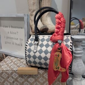 Black & White Check Satchel with Coral Accent Scarf